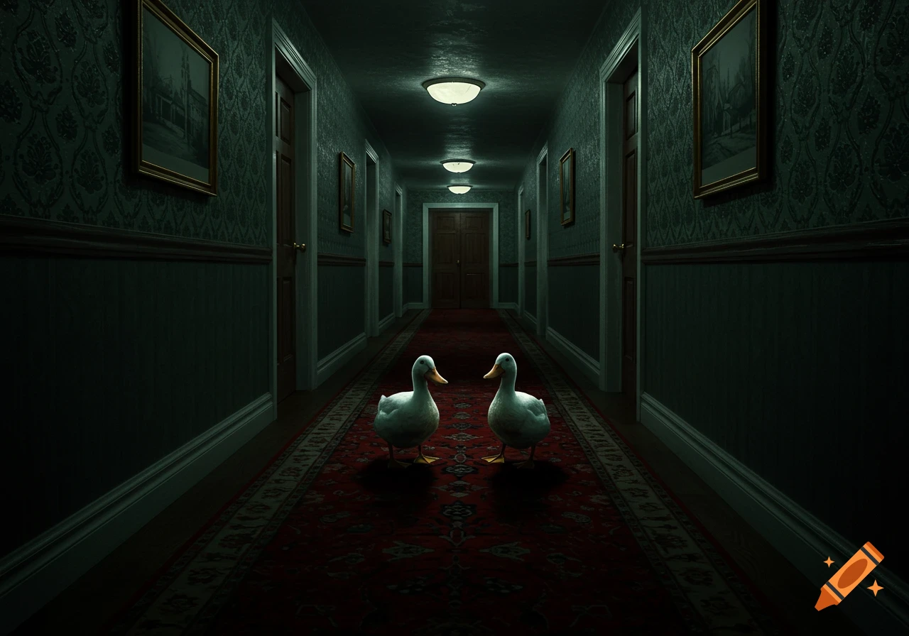 Two white ducks stand on a red carpet in a dark, creepy hallway with patterned wallpaper.
