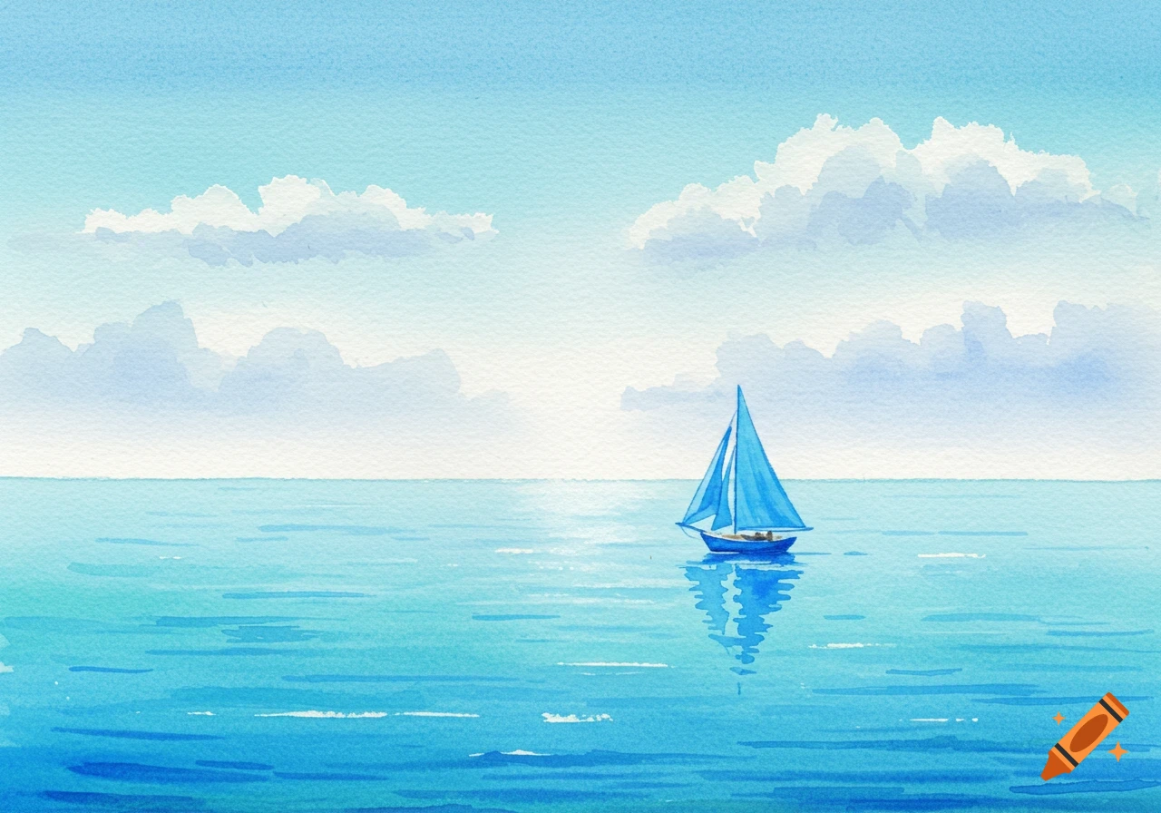 Watercolor painting of a blue sailboat on tranquil blue water under a cloudy sky.