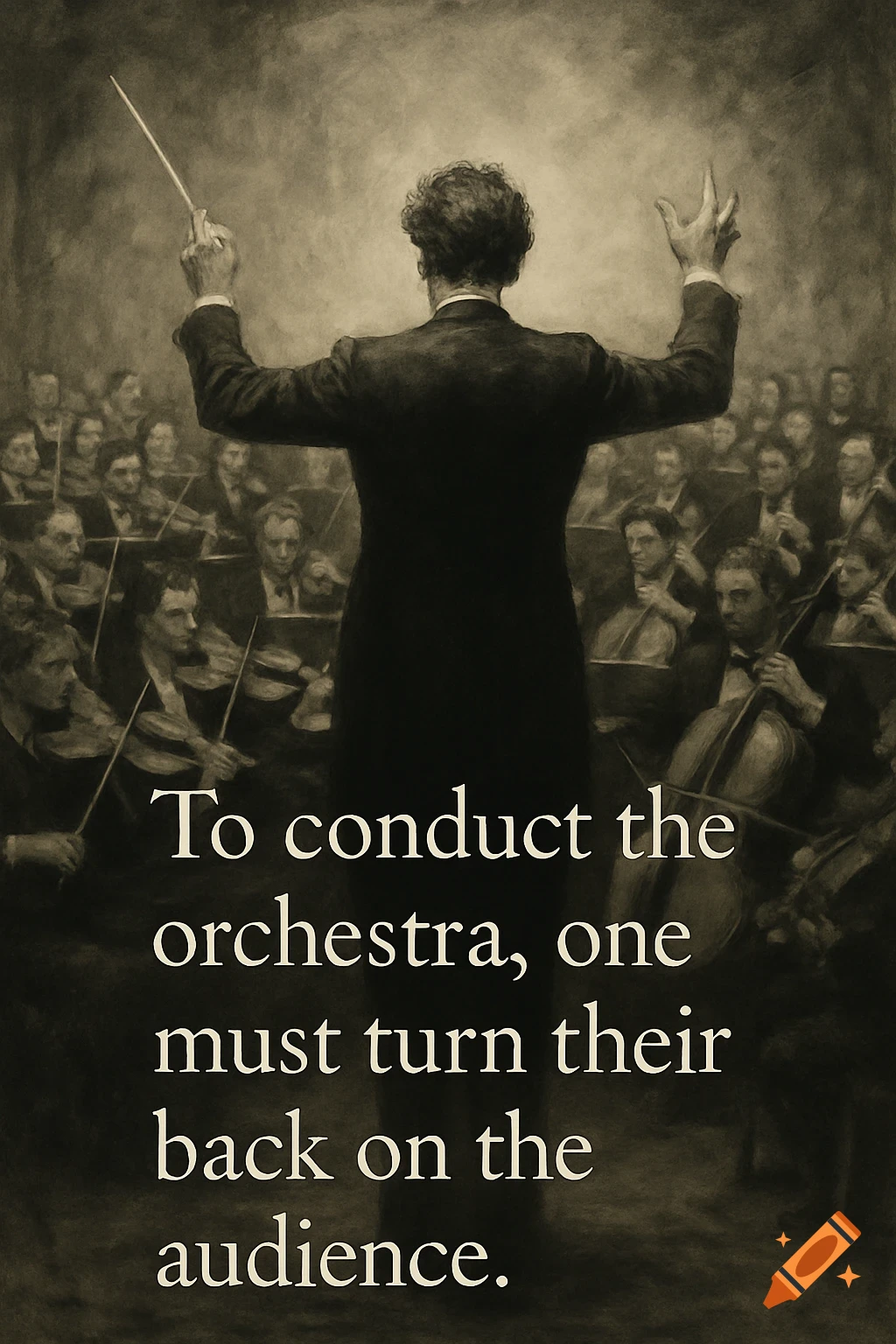A sepia-toned artwork of a conductor facing away from the viewer, leading an orchestra, with an overlaid quote.