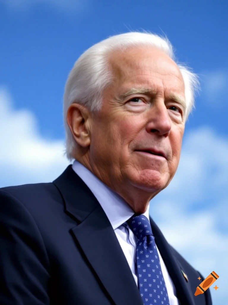 Photorealistic portrait of Joe Biden in a suit against a blue sky.