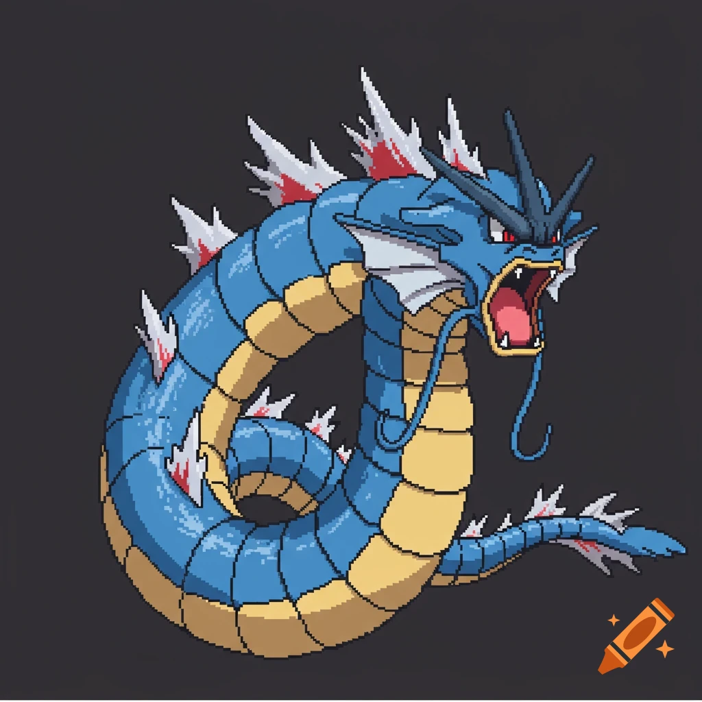 Pixel art of a coiled blue and yellow serpent-like creature resembling Gyarados, with red eyes and an open mouth.