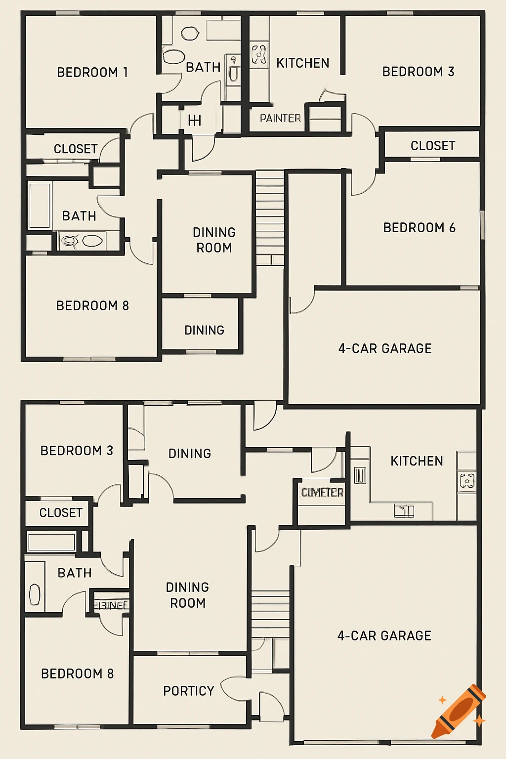 A detailed 2D floor plan layout showing two levels of a mansion.