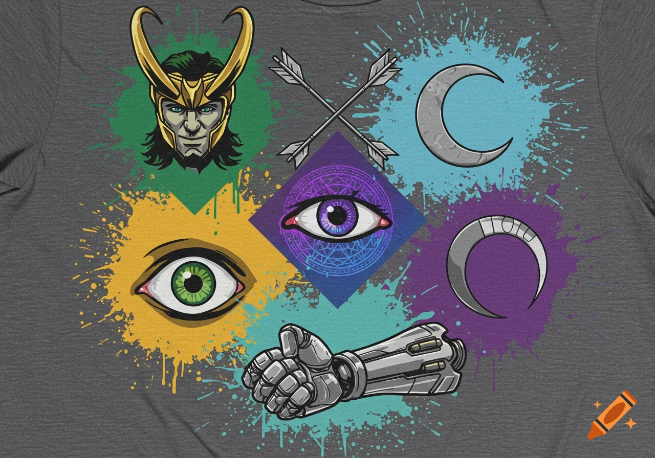 Graphic design with symbols representing Marvel characters Loki, Hawkeye, Dr. Strange, Moon Knight, and Bucky over colorful paint splatters.