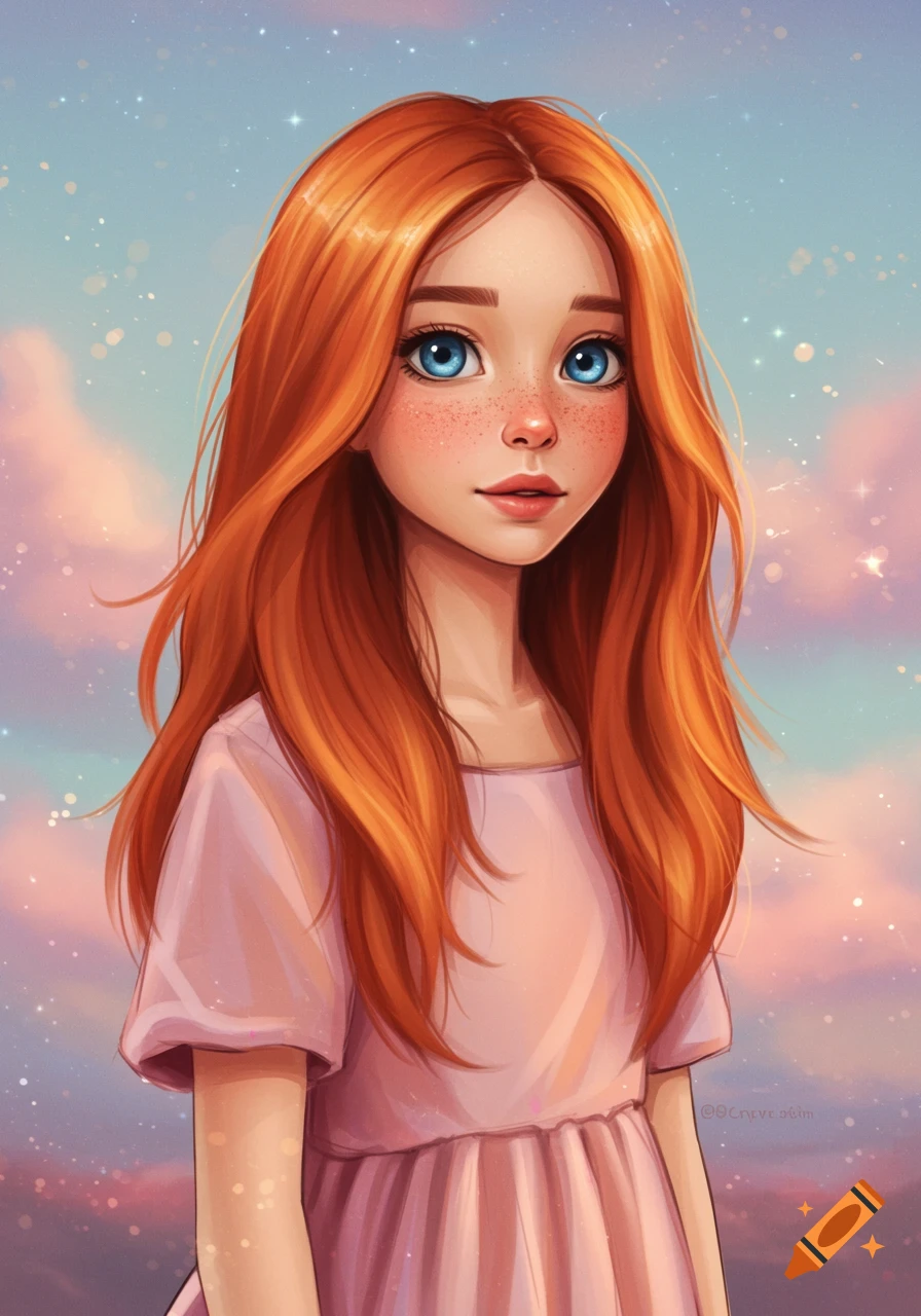 A girl with red hair and blue eyes in a pink dress against a dreamy sky.