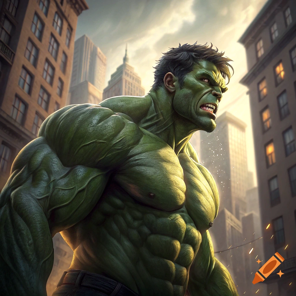 The Hulk stands dramatically on a city street with buildings behind him.