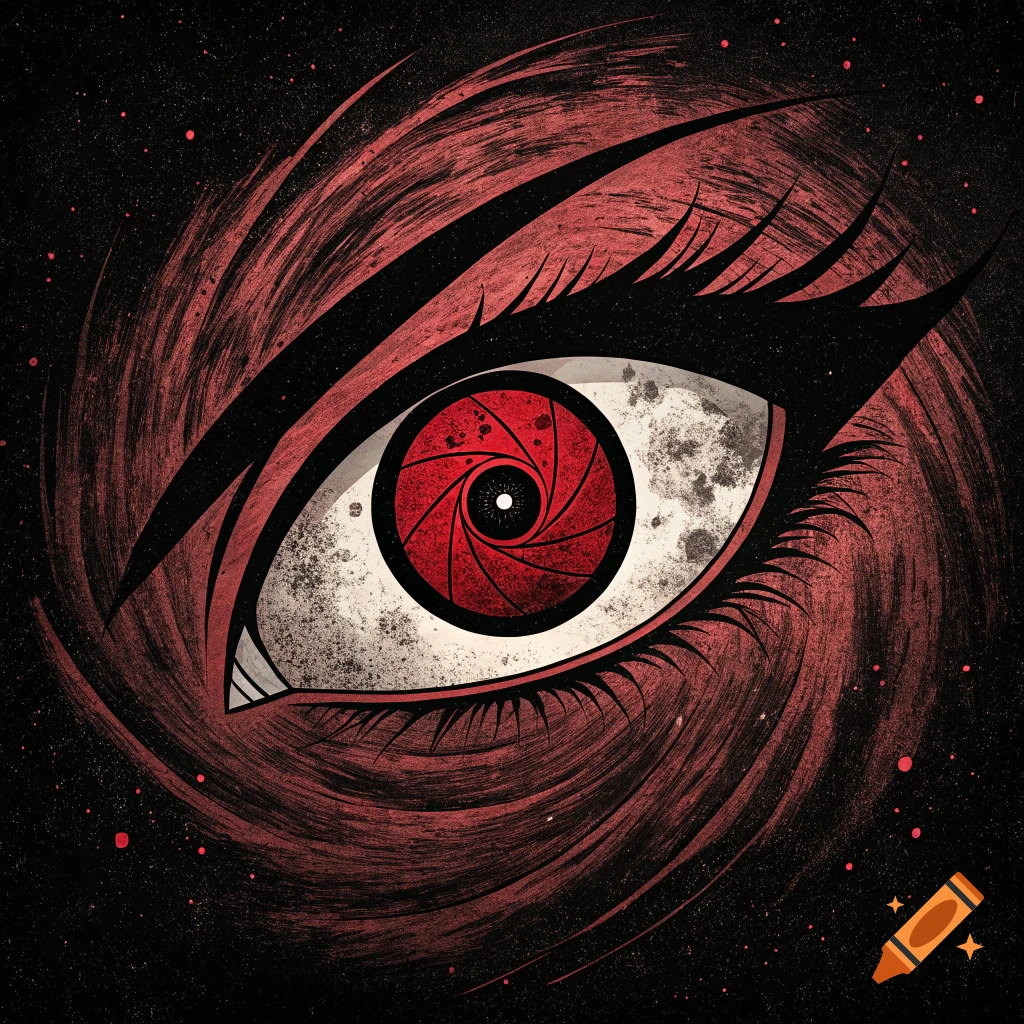 Illustration of a red eye with a spiral pupil against a black background with red streaks.