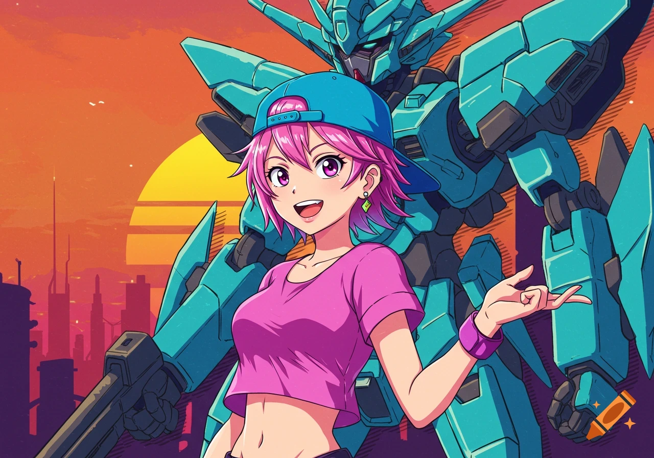 Anime girl with pink hair, blue hat, and pink crop top stands in front of a cyan robot and city at sunset.