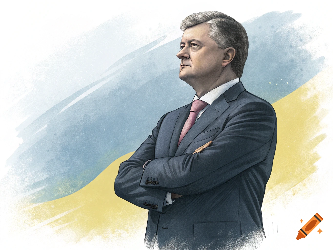 Illustration of a man in a suit with crossed arms against a blue and yellow background.