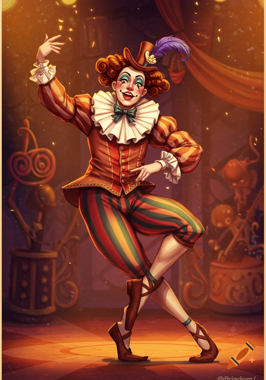 A character dancer in a jester-like costume posing on a stage