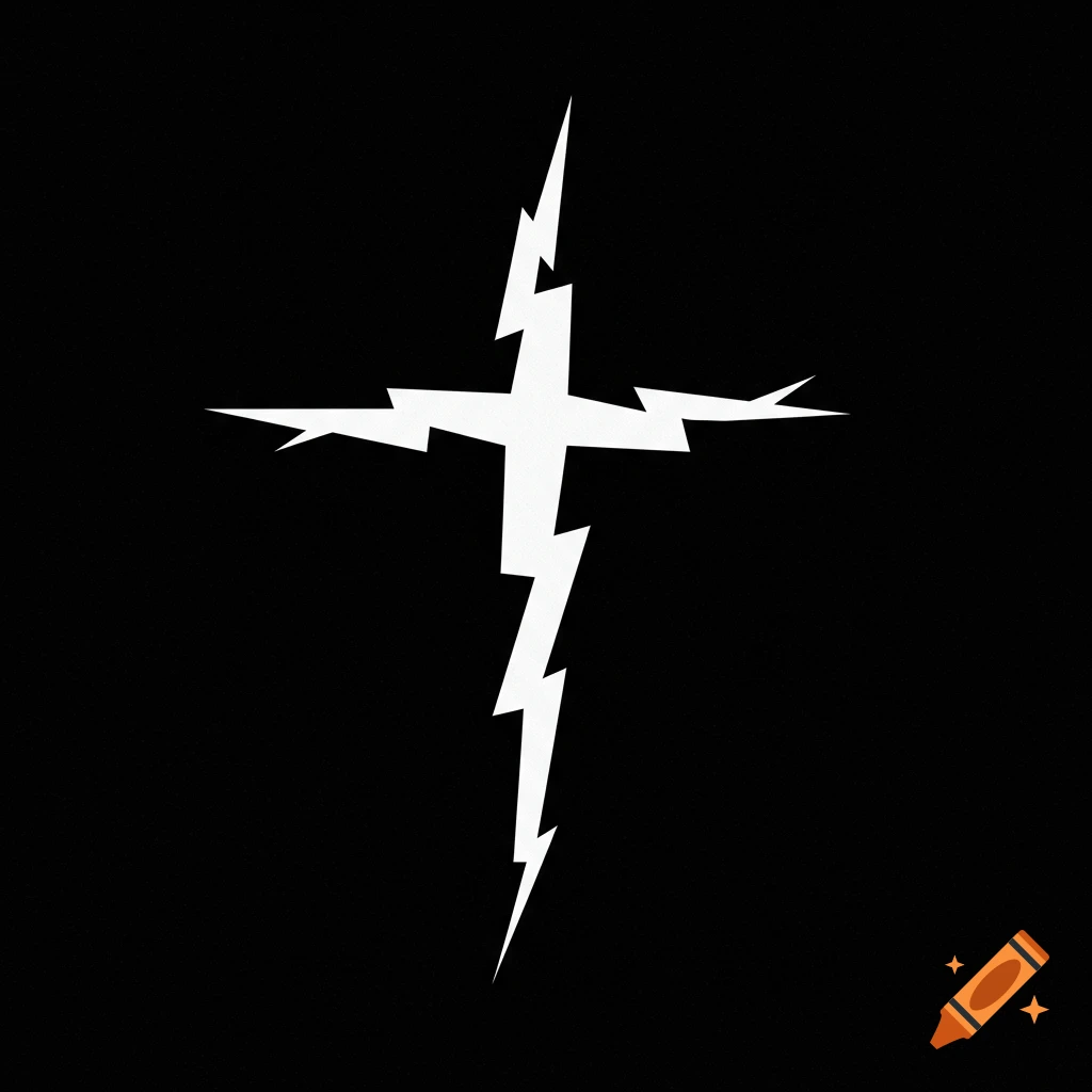 White lightning bolt cross symbol on a black background