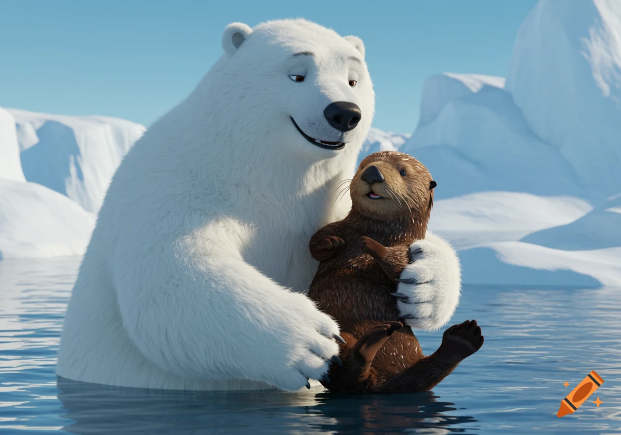 A cartoon polar bear hugs a sea otter in the water near icebergs.