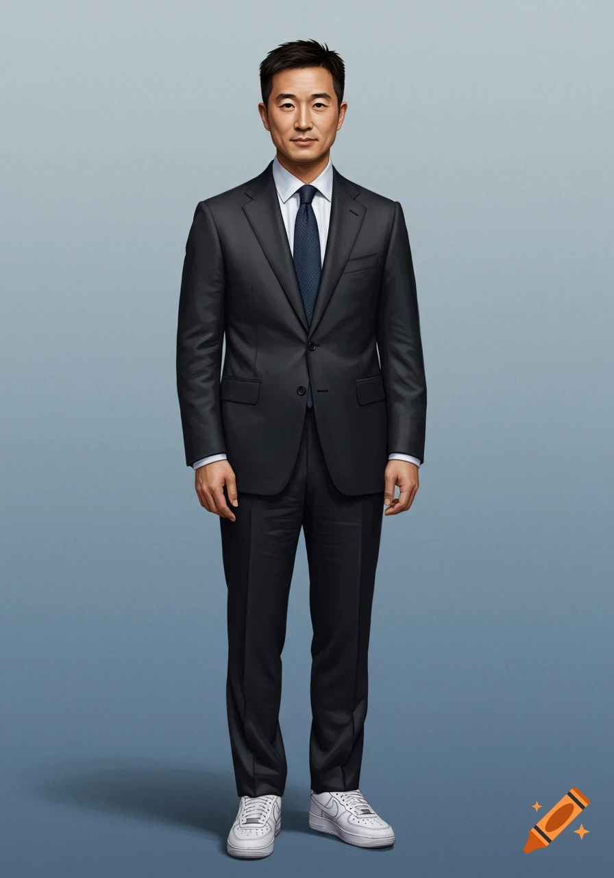 A man in a dark suit and tie wearing white Nike sneakers stands against a blue background.
