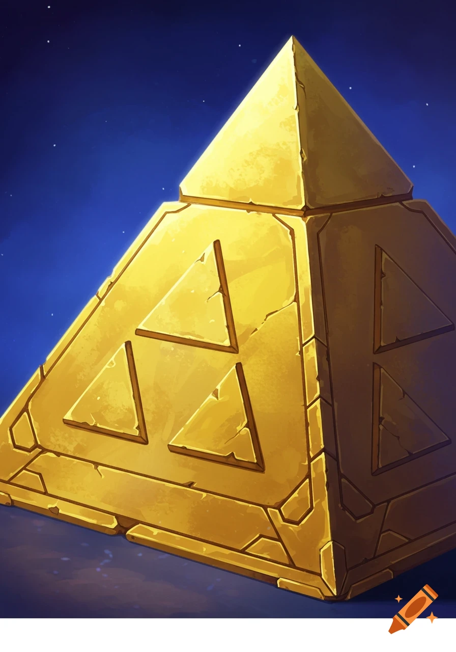 A golden pyramid with triangle symbols, against a starry night sky.