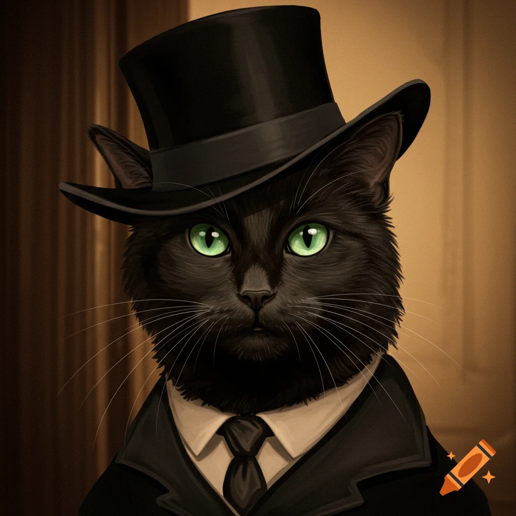 A black cat with bright green eyes wears a black suit, tie, and top hat.
