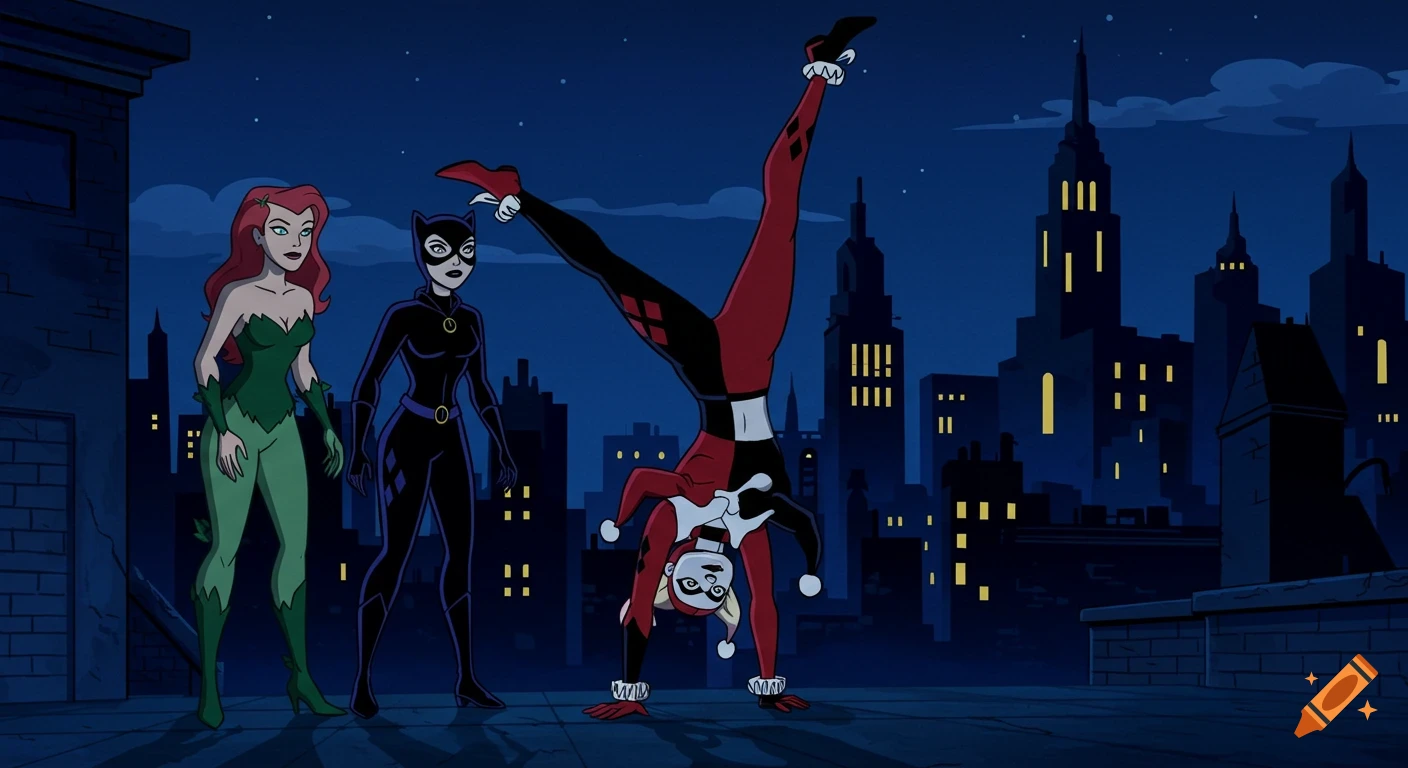 Three characters from DC Comics, Harley Quinn, Catwoman, and Poison Ivy, on a rooftop at night in animated style. Harley Quinn does a handstand.