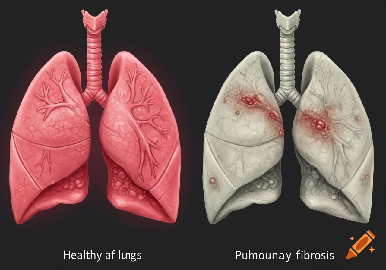 Illustration showing a healthy lung next to a fibrotic lung.