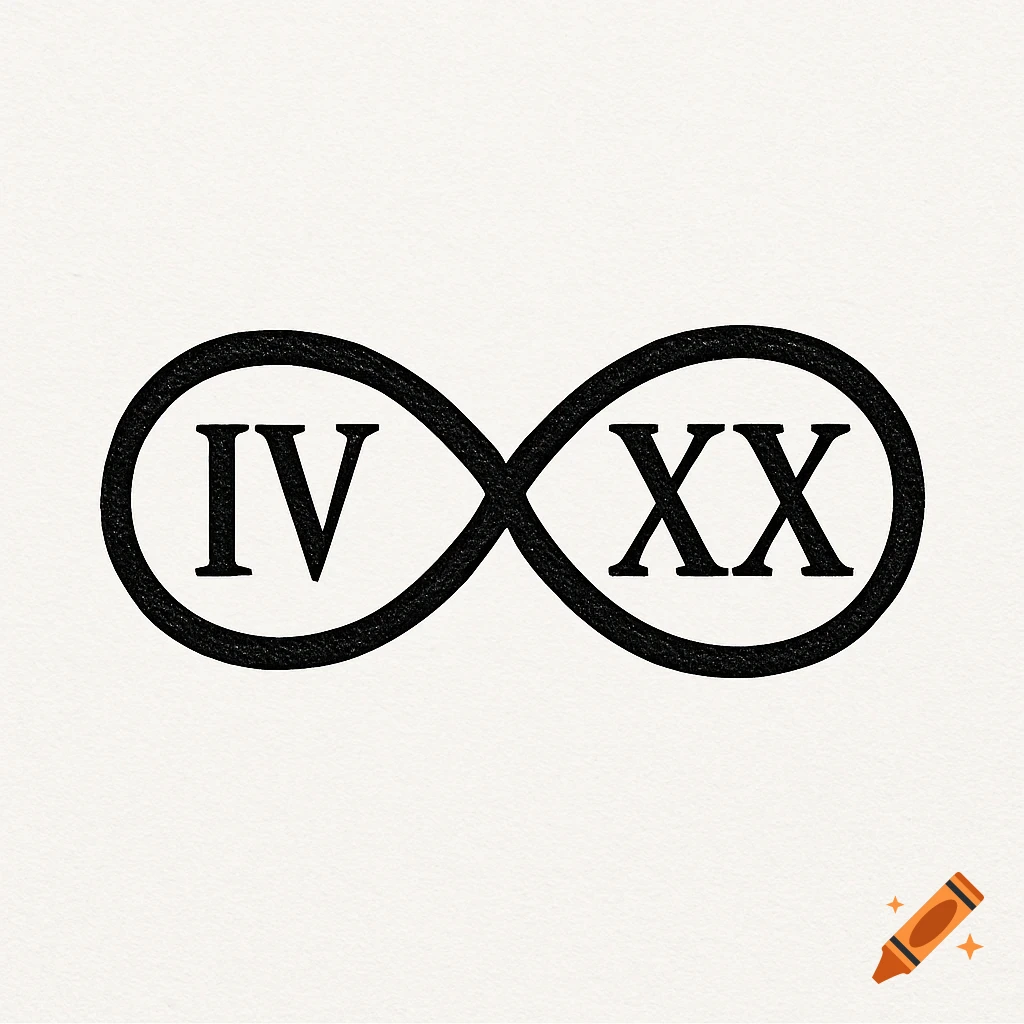 Black outline infinity symbol with Roman numerals IV and XX