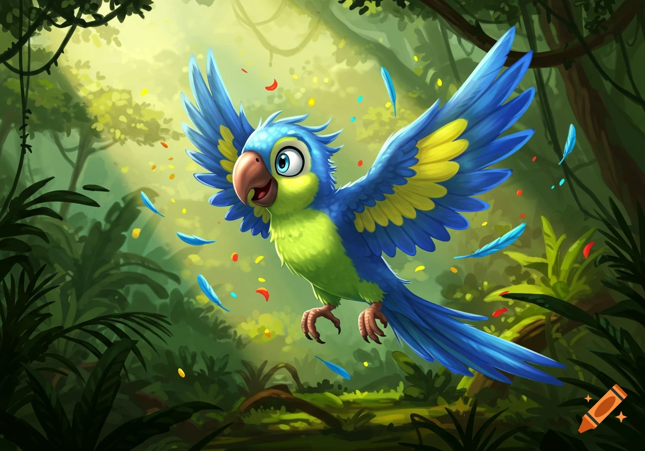 A cartoon blue and green parrot flies through a sunlit jungle with feathers floating around it.