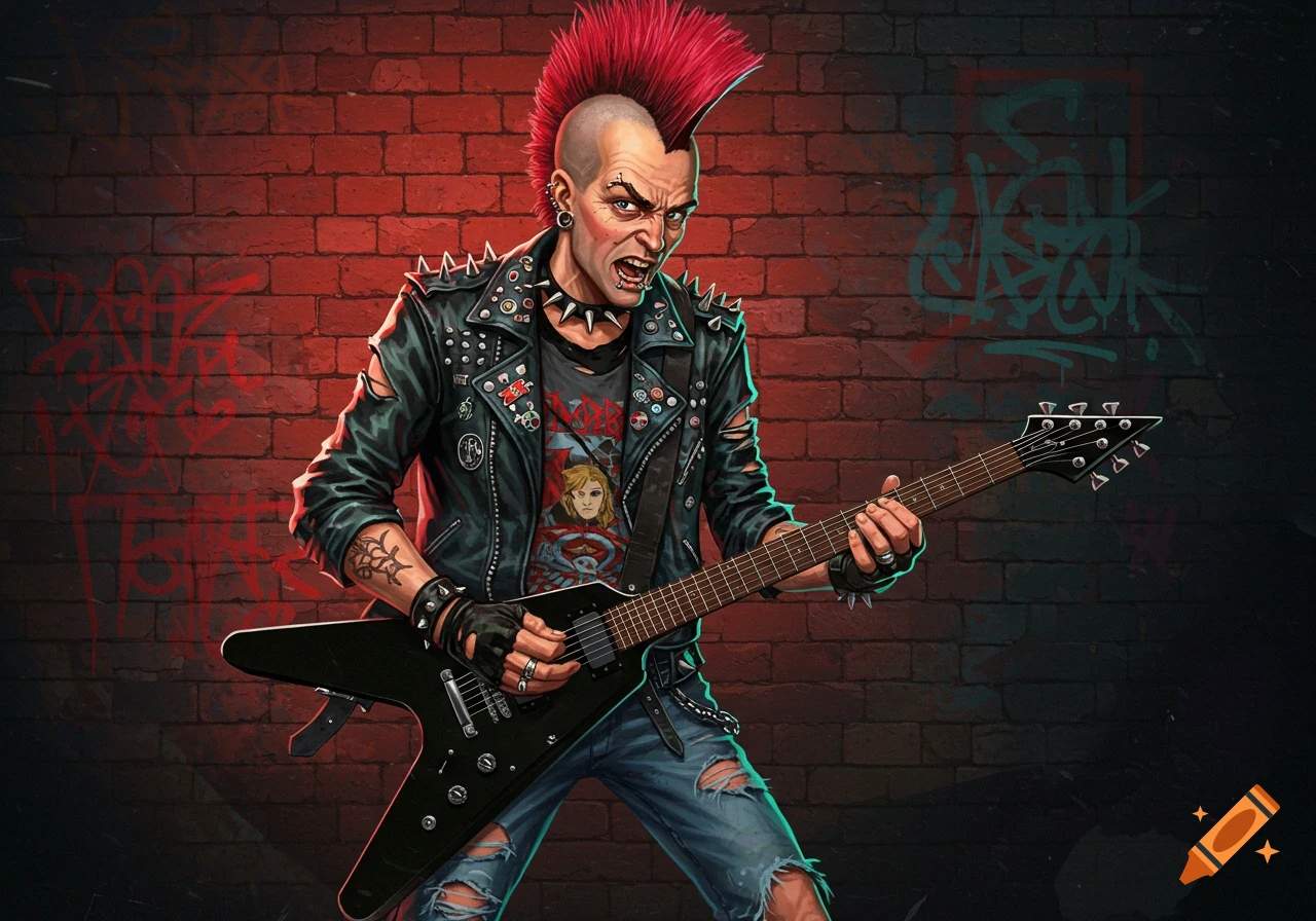 A punk rocker with a red mohawk plays a black V-shaped guitar in front of a graffiti brick wall.