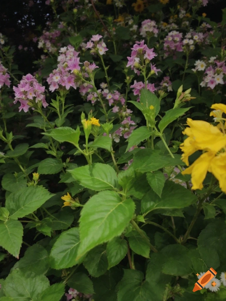 Close-up of pink, white, and yellow flowers among green leaves.