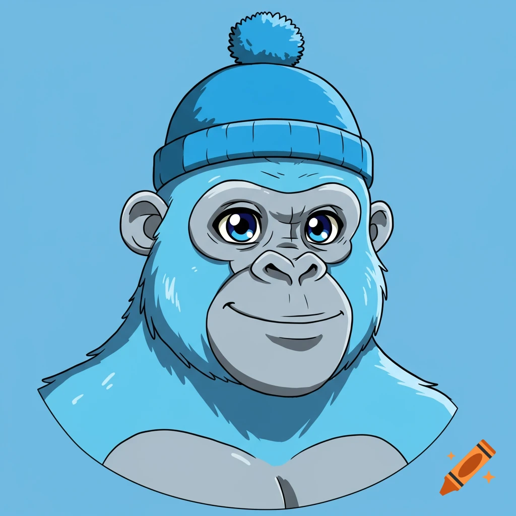 Cartoon light blue gorilla with a grey face wearing a blue bobble hat in anime style