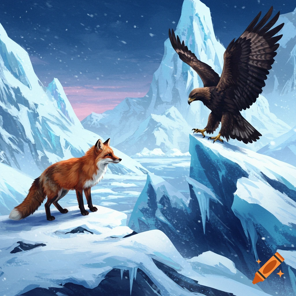 A fox and an eagle in an icy mountain landscape.