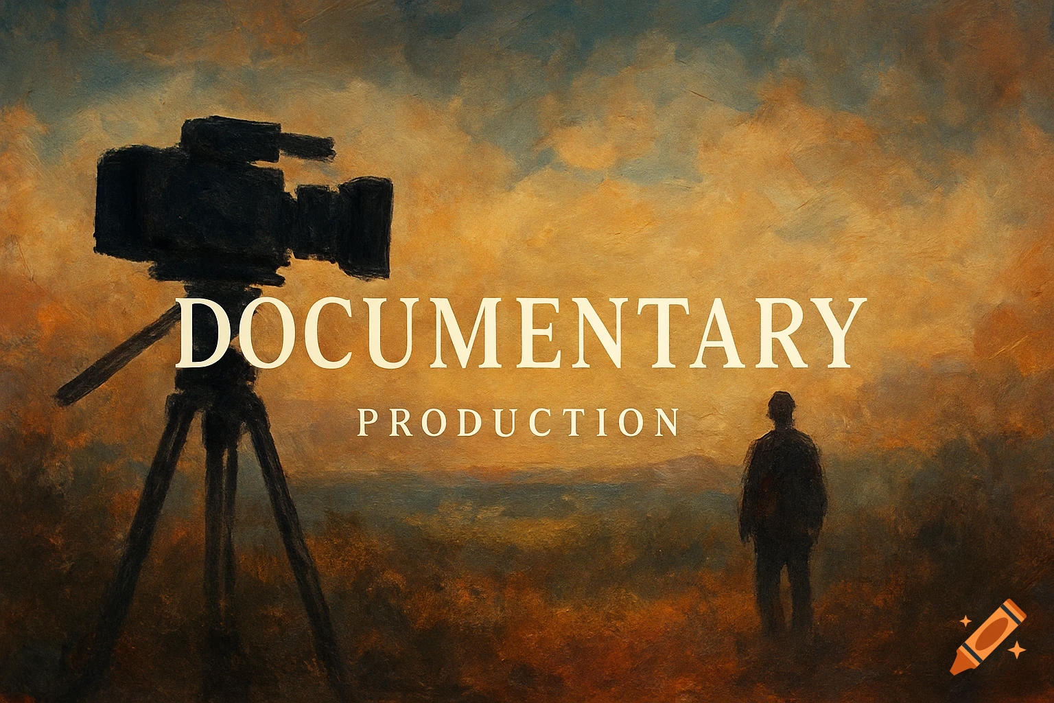 A film camera on a tripod and a person silhouette in a landscape, with text 'DOCUMENTARY PRODUCTION'.