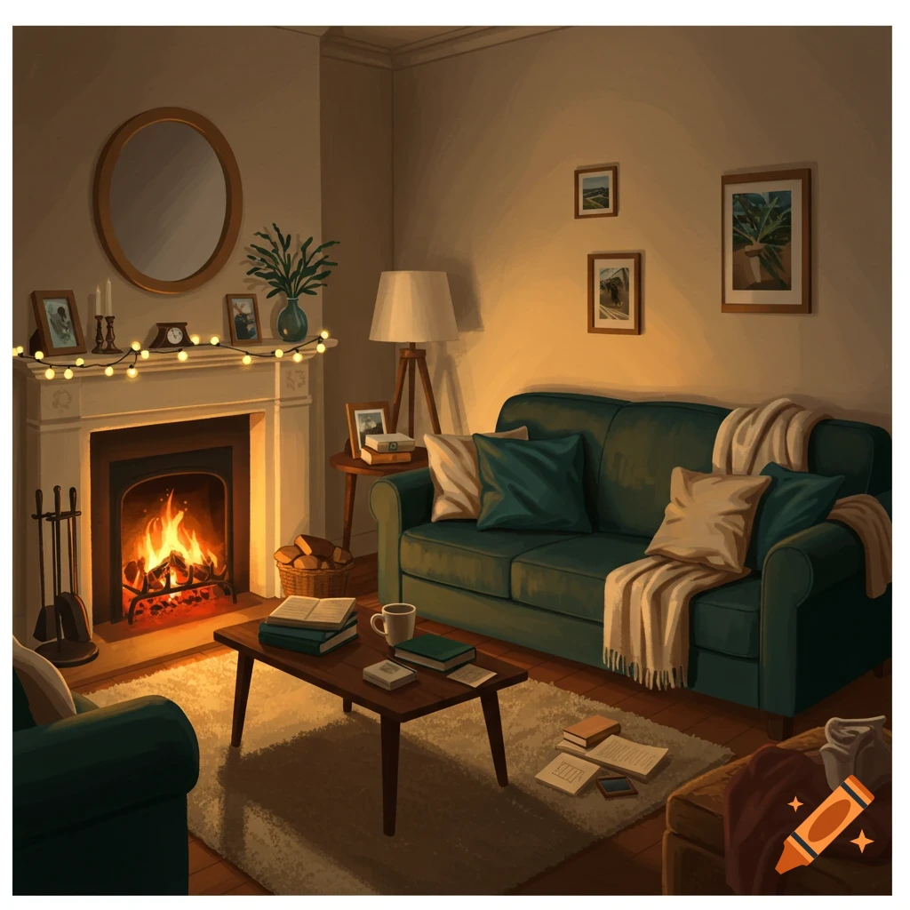A cozy living room with a lit fireplace, sofa, coffee table, and warm lighting.