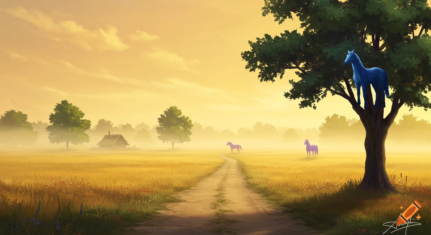 Dreamlike misty golden rural landscape with a road, a hut, a purple horse, and a blue horse standing in a tree.