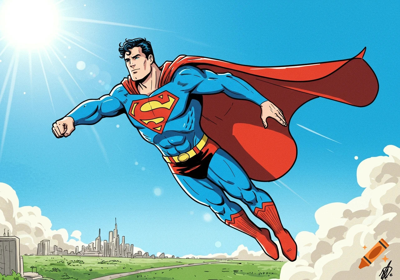 Superman flying in a blue sky over a city skyline.