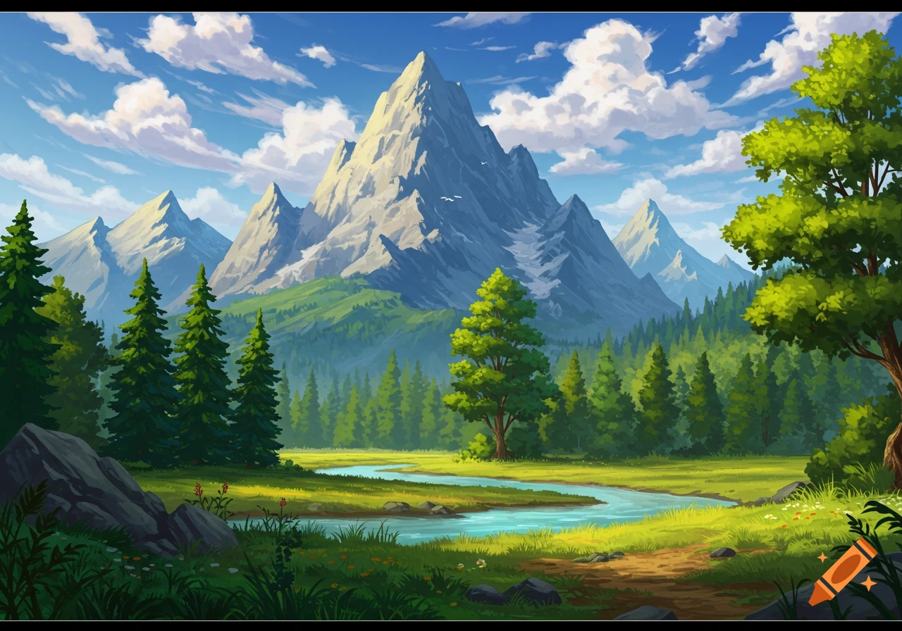 A mountain landscape with a winding river, lush forest, and clouds in the sky.