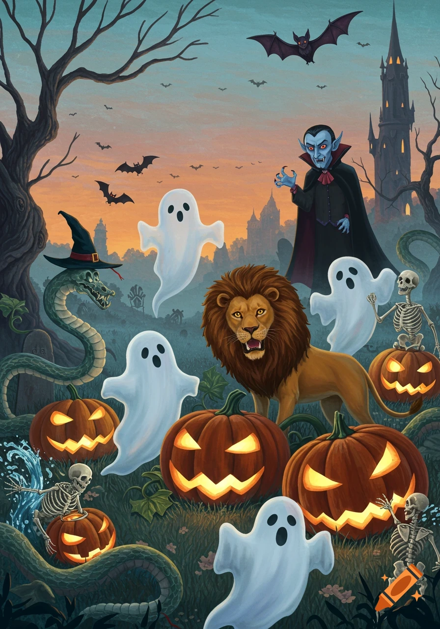 Cute Halloween illustration of a black cat waving at glowing ghosts and ...