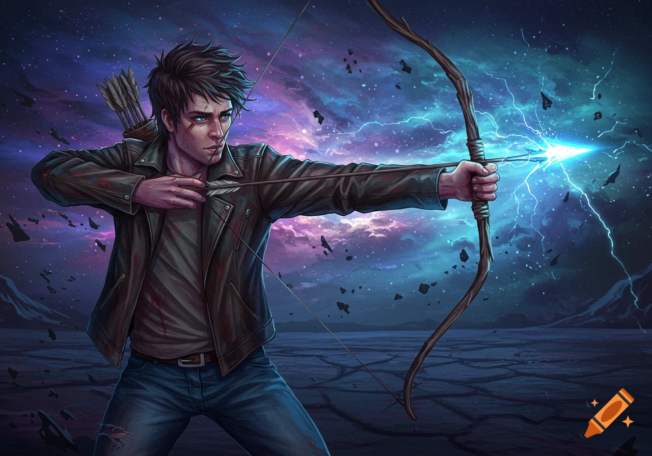 A young man aims a glowing arrow from a bow under a dramatic, stormy cosmic sky.