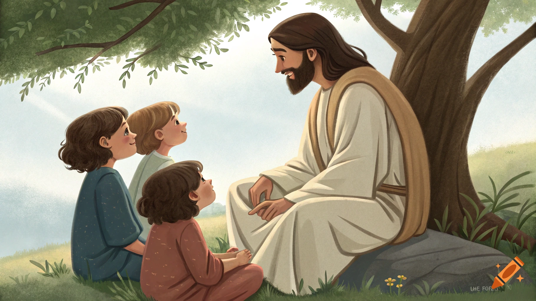 Illustration of Jesus sitting under a tree talking to three children.