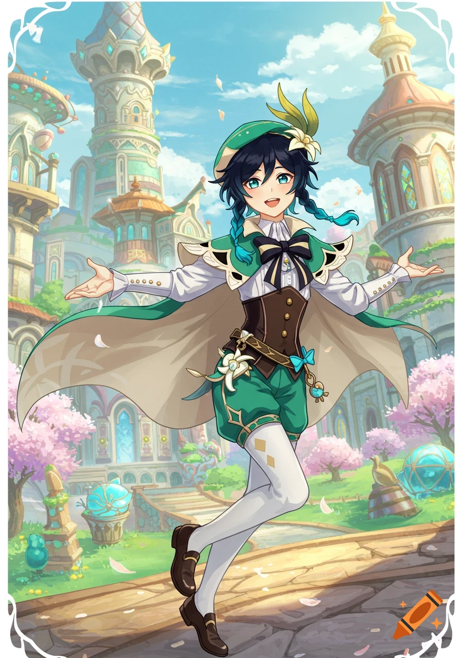 Venti from Genshin Impact posing in a detailed fantasy city with cherry blossoms, in a painterly anime style.