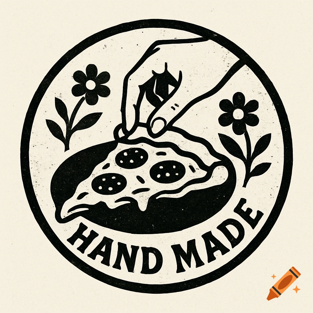 Black and white woodcut style logo showing a hand reaching for a pizza slice inside a circle with flowers and 'HAND MADE'.