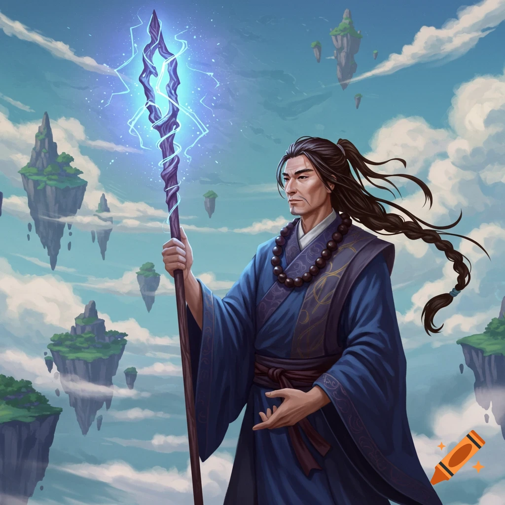 A monk holds an energy staff in a sky filled with floating islands.