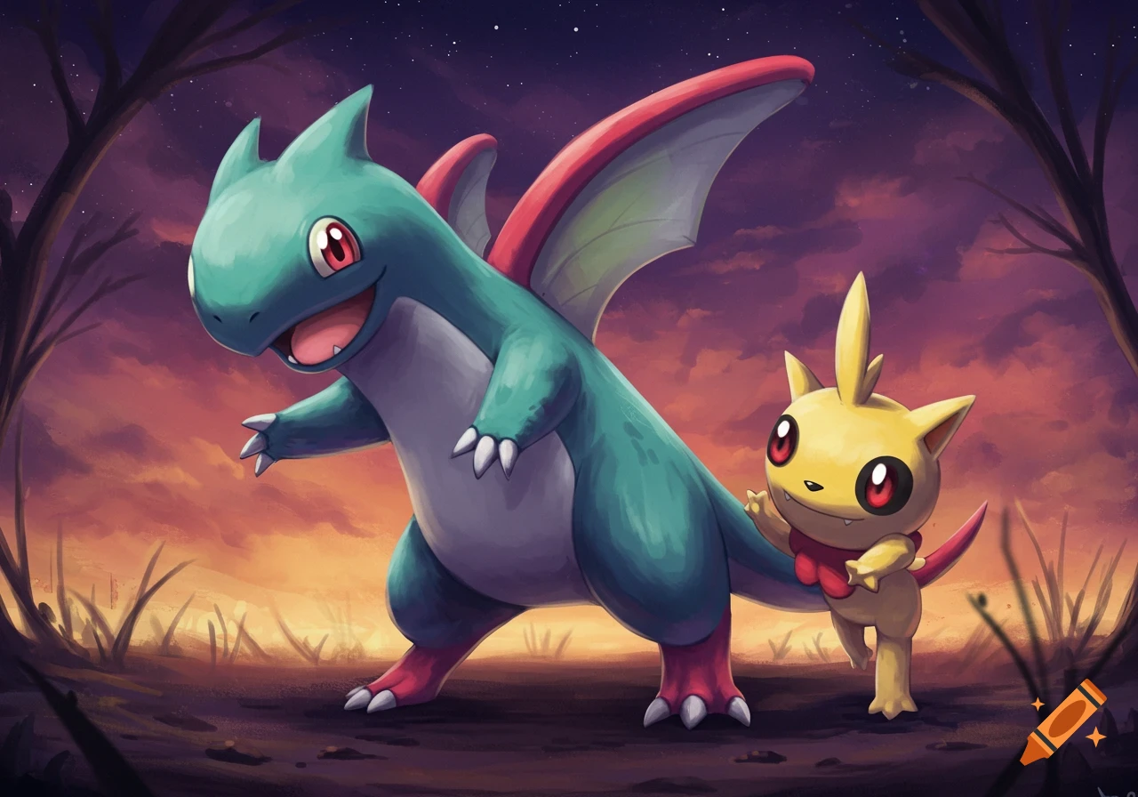 A green and red dragon Pokemon is walking with a small yellow Pokemon at sunset.