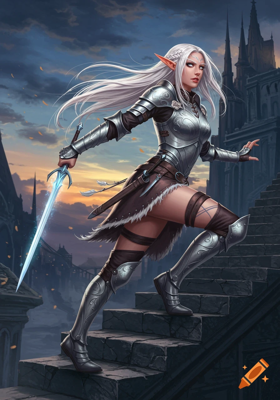 A female elf warrior in ornate silver armor ascends stone stairs, holding a glowing sword, with a castle behind her. Fantasy art.