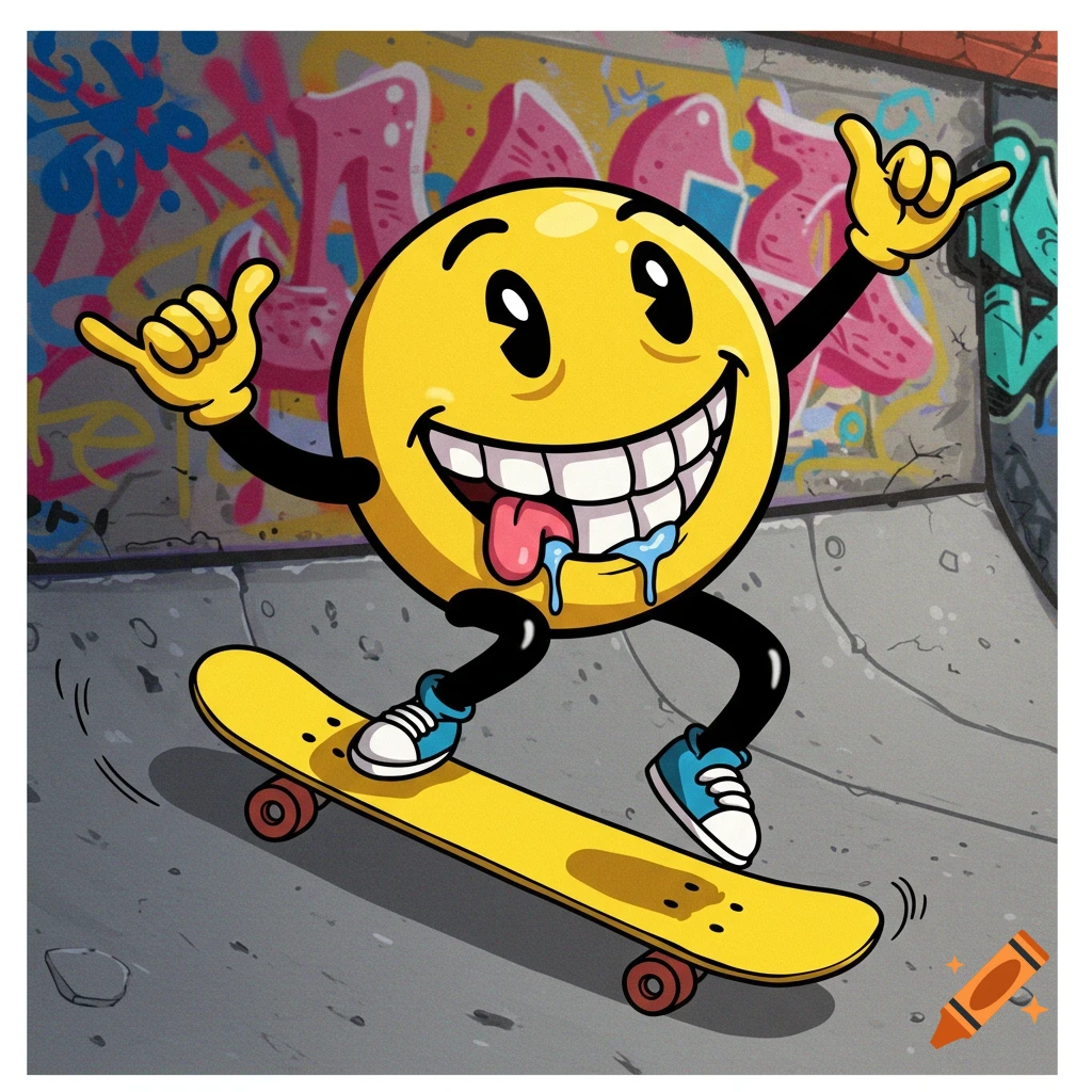 Cartoon smiley face drooling on a skateboard, holding up shaka signs, in front of a graffiti wall. Digital illustration.