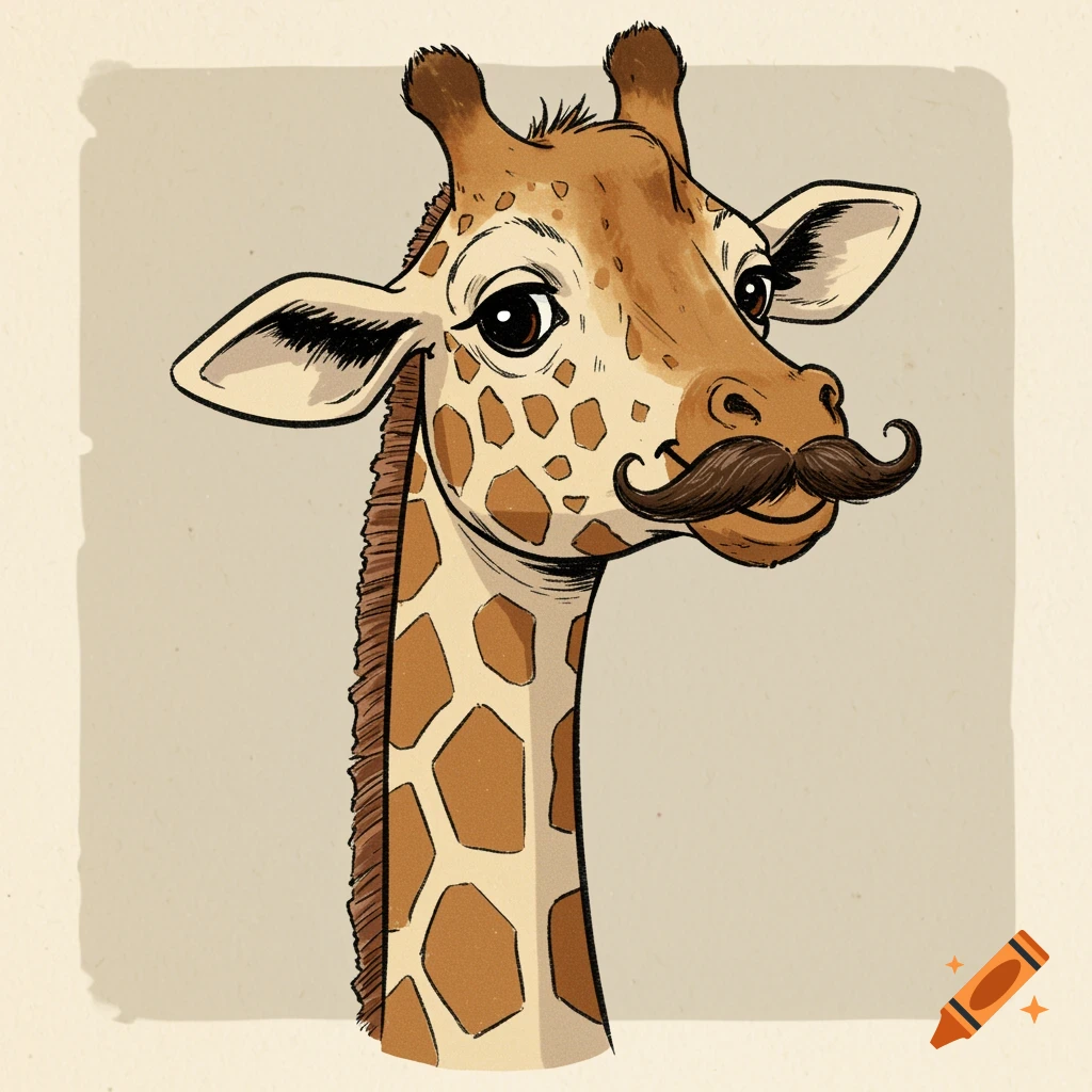 Hand-drawn illustration of a giraffe head with a handlebar mustache