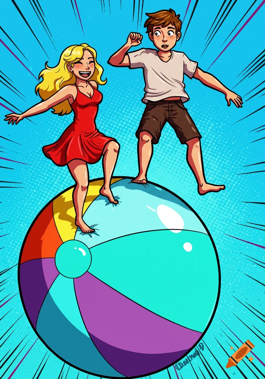 Cartoon illustration of a young couple bouncing on a large beach ball.