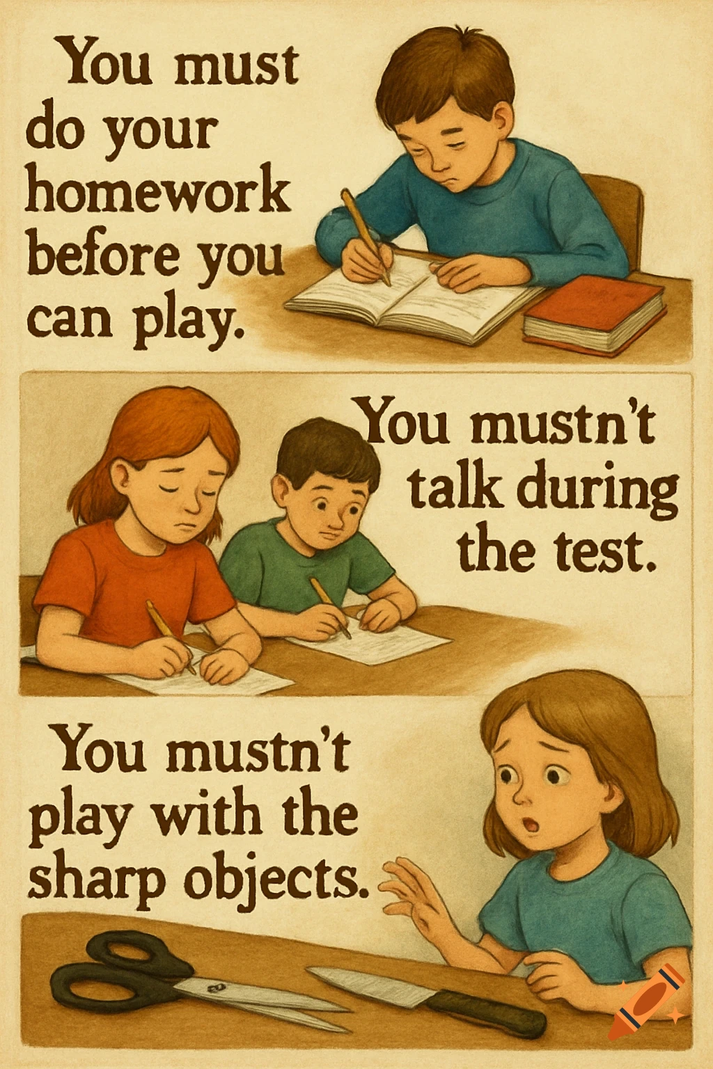 Multi-panel illustration shows children learning rules: doing homework, being quiet during a test, and avoiding sharp objects.