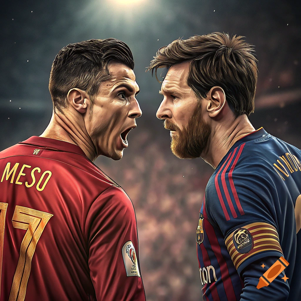 Stylized illustration of two soccer players, likely Ronaldo and Messi, in jerseys, facing each other intensely.