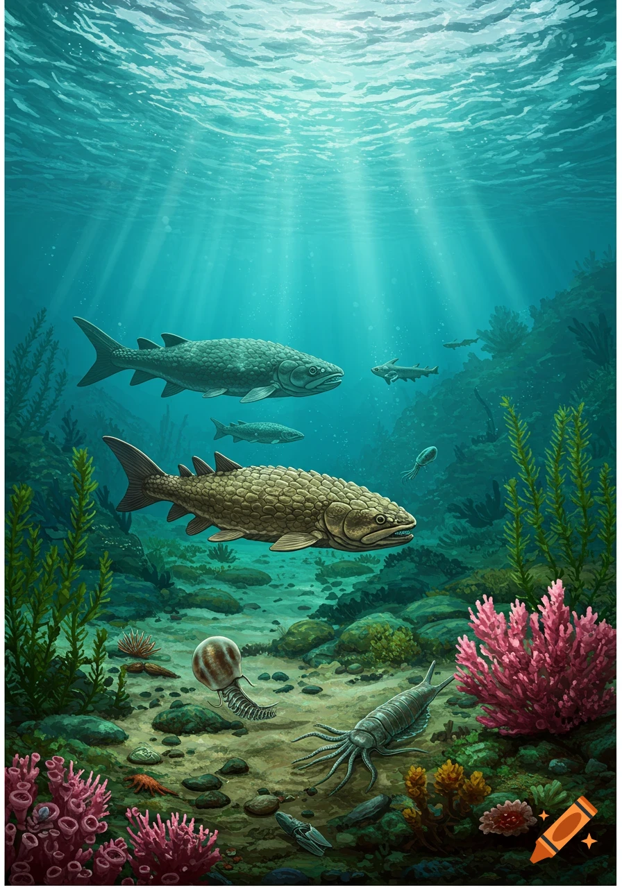 Prehistoric fish and marine life in an ocean scene.