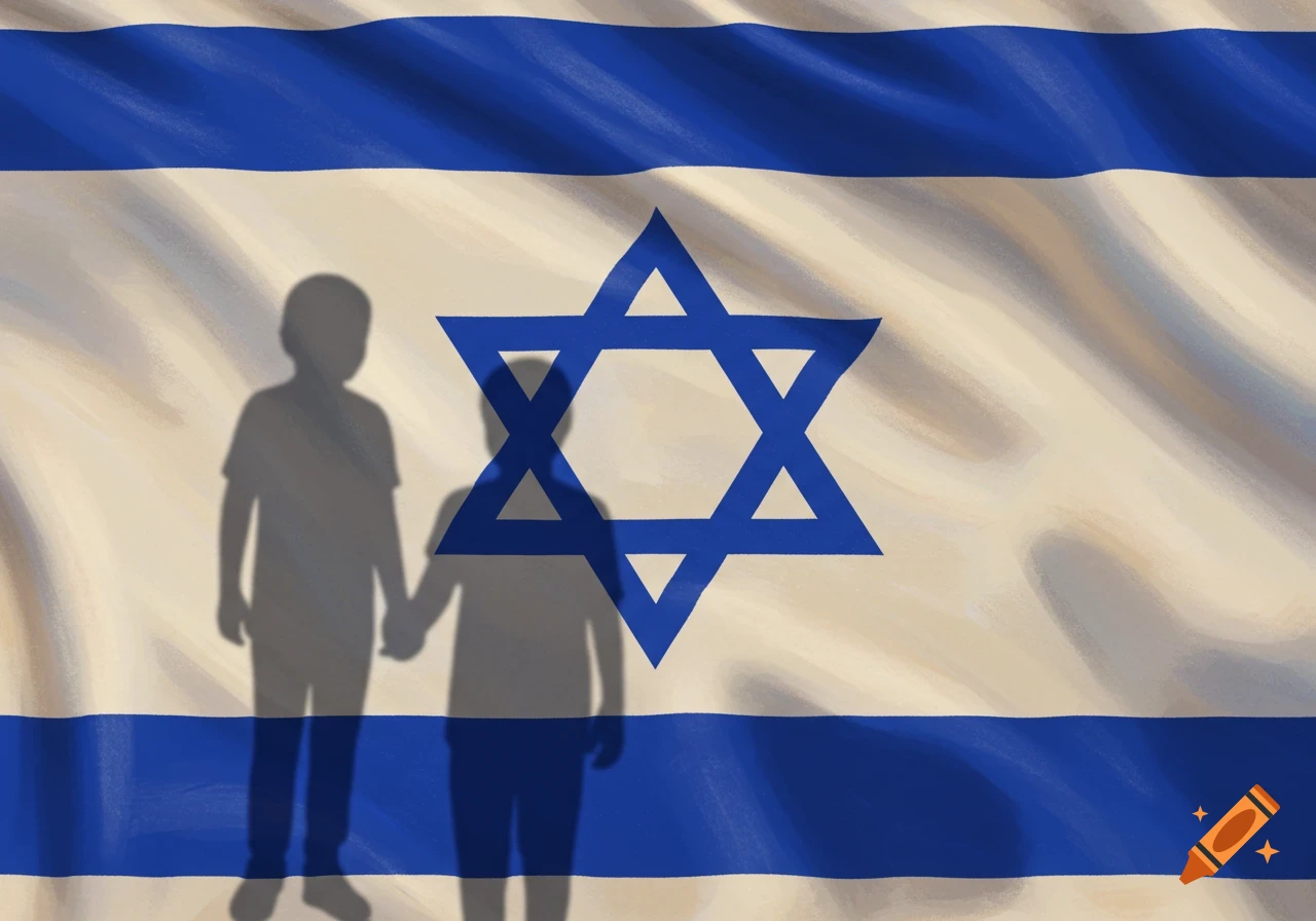 Israeli flag with the shadows of two children holding hands.