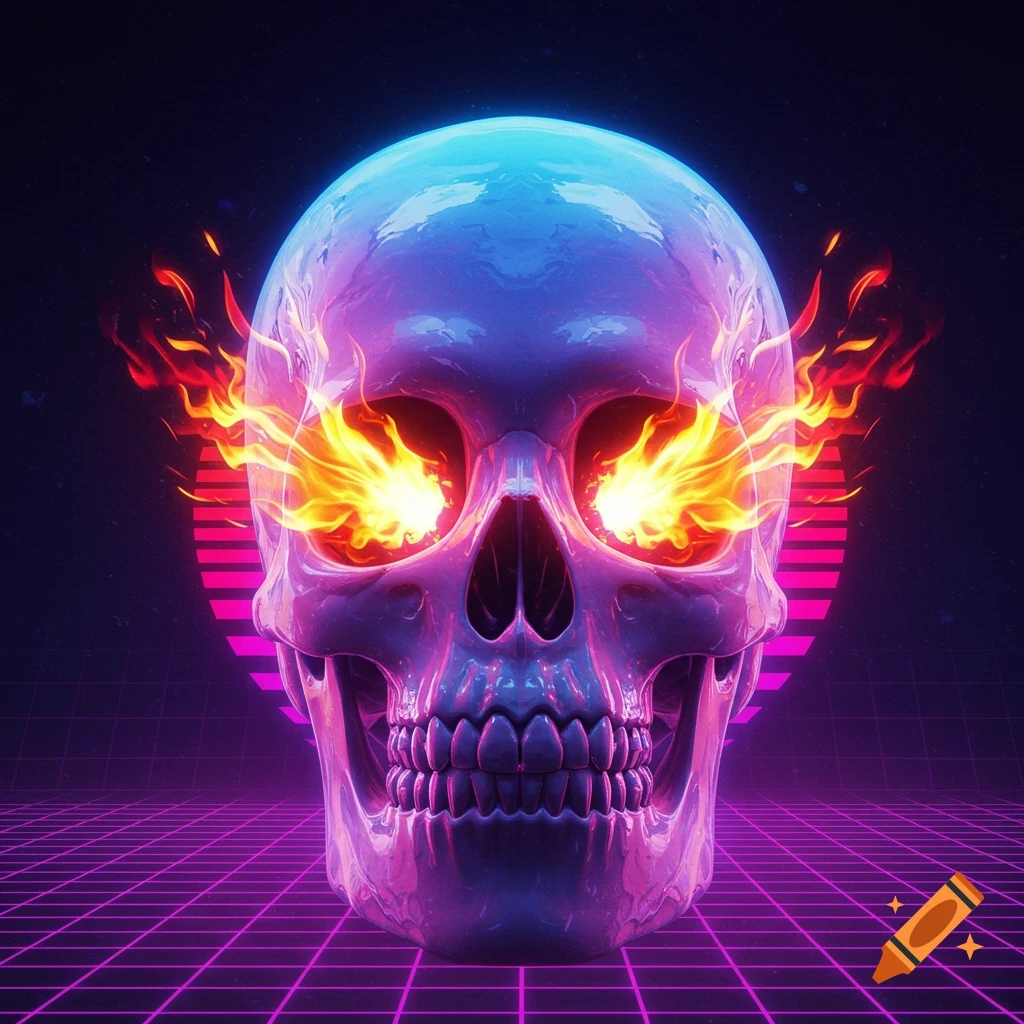 A stylized skull with flaming eyes on a vaporwave grid background.