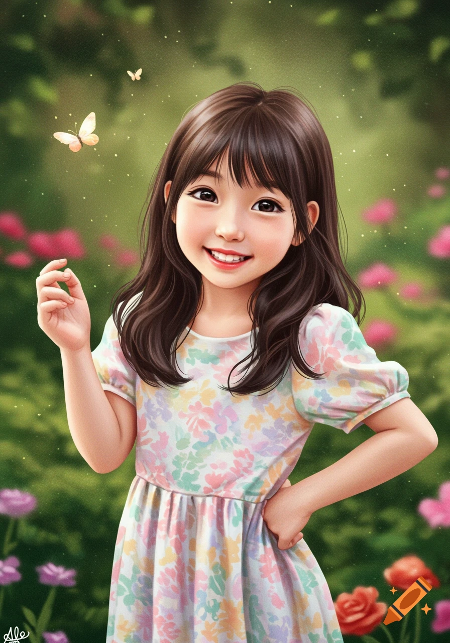 A young girl in a floral dress smiles in a garden with butterflies.