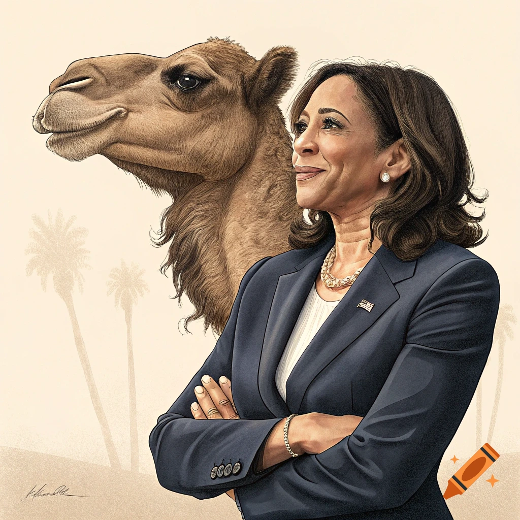 Illustration of Kamala Harris standing with a camel, in a desert scene with palm trees.