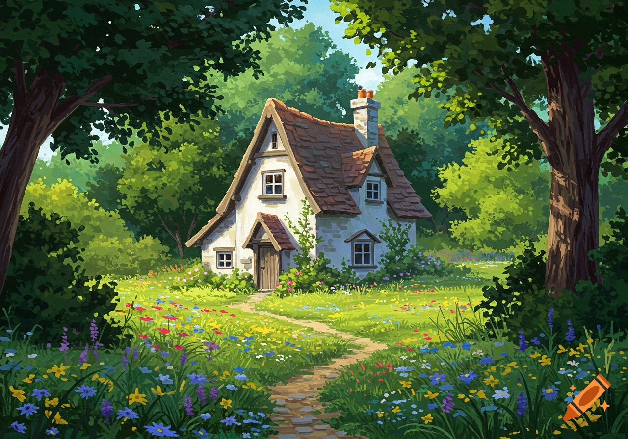 A small cottage surrounded by wildflowers and trees.